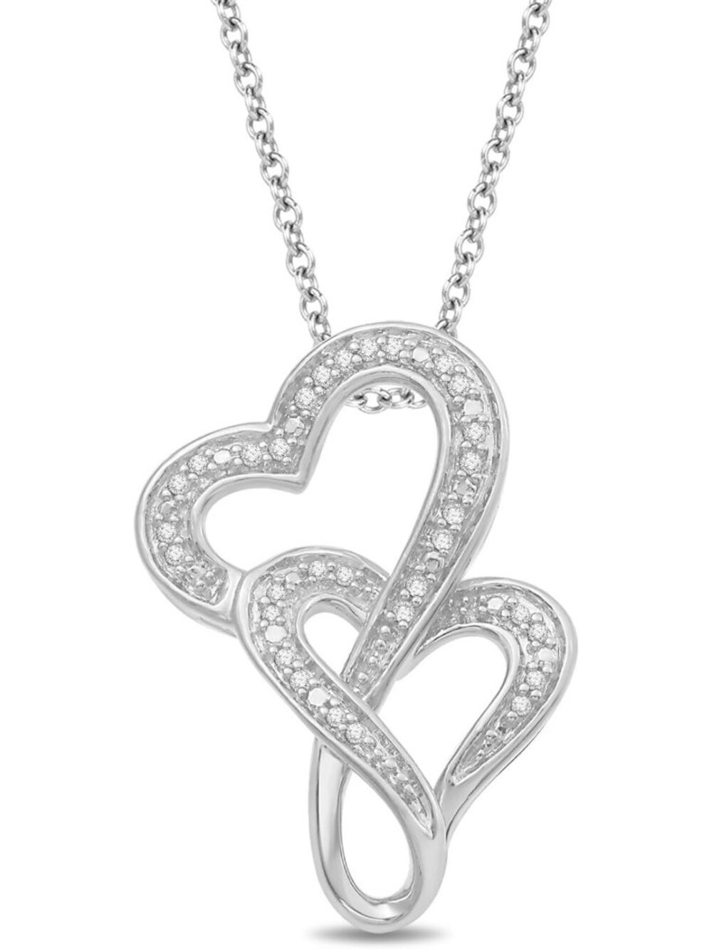 Sterling Silver Double Heart Pendant Necklace with Diamonds for Women - Elegant